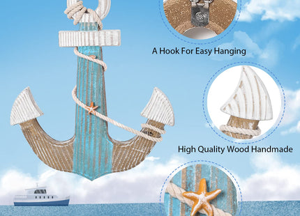 Asense Set of 2-17.4" Nautical Beach Wooden Ship Steering Wheel and 15.1" Wood Anchor with Rope, Boat Steering Rudder Wall Decor Door Hanging Ornament Beach Theme Home Decoration, Blue & White