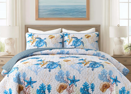DJY Ocean Coastal Quilt Queen Size, 3 Pcs Sea Turtle Theme Bedspread Set