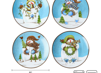 Pfaltzgraff Evergreen Ernie Snowman Porcelain Salad Plates, Set of 4, 8 Inch, Blue