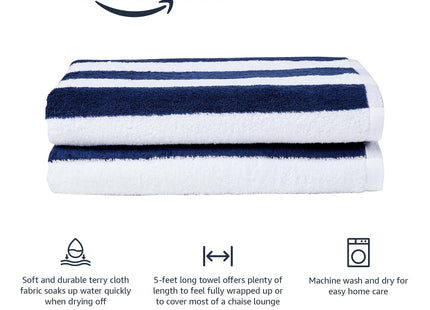 Amazon Basics 100% Cotton Soft & Absorbent Beach Towels, Cabana Stripe, Fast Drying, Machine Washable, Large 30 in x 60 in, Navy Blue, 4-Pack