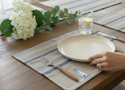 Nautical Placemats – Set of 4 –– Cotton Decorative Embroidered Design - Natural, Navy Blue and White (Lighthouse)