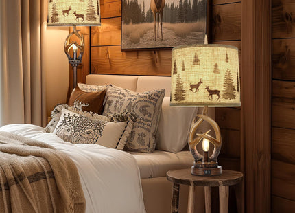 Scenekoy Rustic Farmhouse Antlers Table Lamp Set of 2 with Night Light