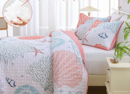 Heymybed Coastal Quilt Set King Size Beach Coverlet Pink Starfish Coral Seashell Bedspread Ocean Beach Themed Bed Cover Microfiber Soft Lightweight Bedding Sets for All Seasons (106"×92")
