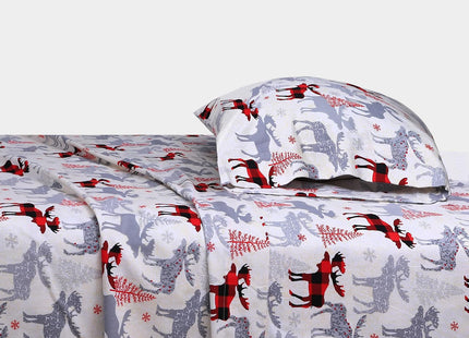Feather & Stitch 100% Cotton Flannel Full Sheet Set, 4 Piece Brushed Cotton Flannelette Flat Sheet, Winter Fitted Sheet, Heavy Weight Bedding, 16" Deep Pocket, 2 Pillow Cases (Red Deer)