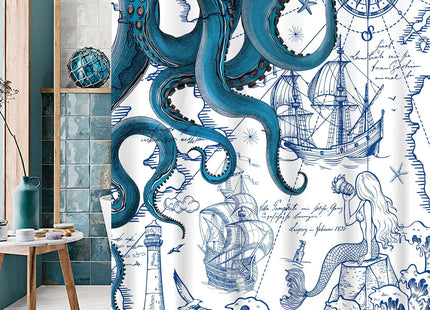 Fungarth Funny Scuba Octopus Shower Curtain Teal Blue Sea Ocean Kraken Shower Curtains for Bathroom Cool Nautical Anchor Fish Waterproof Fabric Bath Curtain Decor with Hooks (Teal, 72” x 72”)