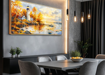 Large Framed Sunset Beach Canvas Wall Art Boat Lighthouse Seascape Painting