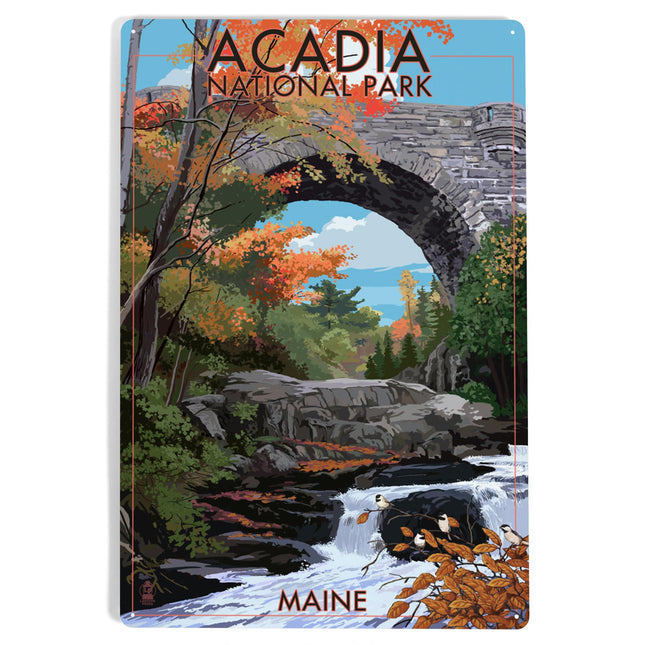 Lantern Press Acadia National Park, Maine, Stone Bridge, 12x18 Inch Aluminum Sign, Indoor or Outdoor Use