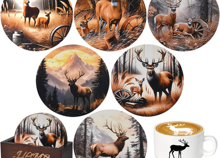 Bar Coaster Set, Drink Coaster for Home Decor, Wood Coffee Coasters 6Pack (Deer)