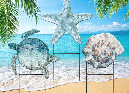 Moxweyeni 3 Pcs Summer Metal Sea Outdoor Decoration 25 Inch Ocean Beach Theme Yard Sign Coastal Turtle Starfish Conch Outdoor Stakes for Garden Pool Lawn Holiday Party Take Photos