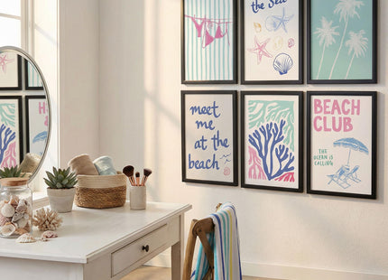 6pcs Blue Coastal Granddaughter Canvas Wall Art Summer Seashell Bikini Posters Prints Paintings Beach Preppy Aesthetic Wall Decor Pictures for Dorm Apartment Sea View Room Home Decoration Unframed