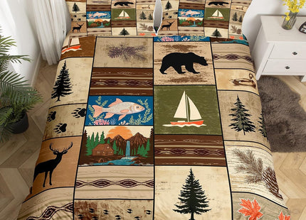 Erosebridal Retro Brown Cabin Duvet Cover,Patchwork Woodland Bear Deer Bedding Sets for Rustic Lodge,Farmhouse Wooden Wild Animal Comforter Cover for Boys Adults Men,Fish Duck Boat Bed Set Zipper