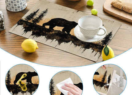 Retro Bear Pine Tree Placemats Set of 6, Vintage Washable Linen Place Mat Heat Resistant Non Slip Kitchen Dining Table Mats 12x18 Inch