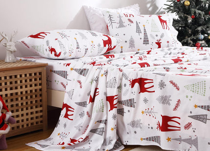 STARBEDIA Christmas Flannel Sheets King, 100% Cotton Holiday Bed Sheet Set, Deep Pocket Fitted Sheet, Soft Warm Brushed Christmas Sheet (King Size, Forest Deer)