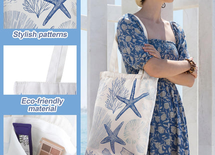 Reginary 6 Pack Coastal Canvas Tote Bag Bulk Blue Beach Gift Women, Coastal