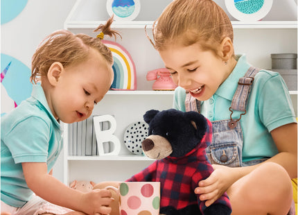 DolliBu Plush Black Bear with Red Plaid Hoodie - Soft Huggable Wild Life Bear, Adorable Playtime Zoo Black Bear Plush, Cute Cuddle Gift for Kids and Adults