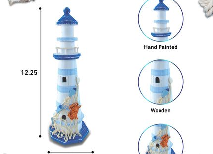 COTA Global Light Blue Stripes Lighthouse Decor - Handmade and Crafted Wooden Lighthouse Decoration with Crab, Decorative Beach Style Tabletop Centerpiece – 12.25 Inches