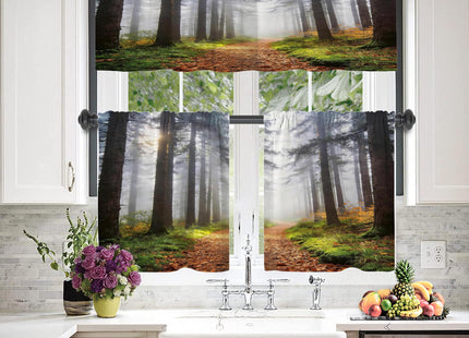 BaoNews Brown Nature Forest Blackout Kitchen Curtain, Green Fog Window Treatment Rod Pocket Light Filtering Bathroom Short Valance 2 Pack 52X18 Inches