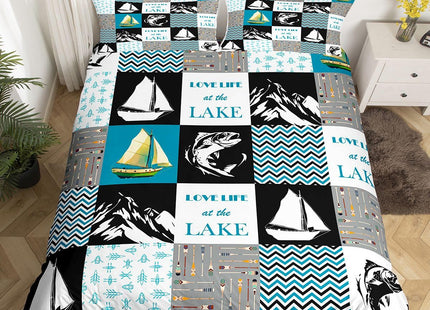 Lake House Duvet Cover Full Size,Retro Sailboat Fishing Comforter Cover Geometric Plaid Ripple Patchwork Bedding Set Rustic Farmhouse Bedspread Cover For Kids Boys Teens,Blue Black White,Corner Ties