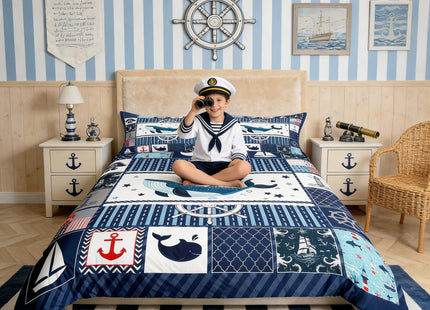 Homewish Sea Whale Duvet Cover Twin Size,Nautical Anchor Ship Rudder Plaid Comforter Cover Set for Kids Boys Girls,Navy Blue Ocean Geometric Bedding Quilt Cover Set Bedroom Decor, 2 Pieces