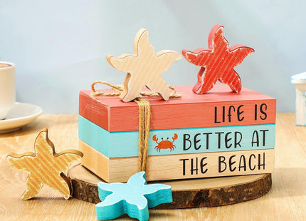 Whaline 7 Pcs Summer Decoration Beach Wooden Tiered Tray Decor Mini Faux Stacked Books Starfish Decorative Table Centerpiece Block Signs for Party Home Kitchen Dining Table Decor