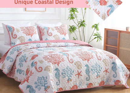 Heymybed Coastal Quilt Set Queen Size, 3 Pieces Pink Bedspread Coverlet with 2 Pillow Shams, Soft Microfiber Reversible Summer Beach Quilt Bedding Set for All Season 96"×90"