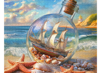 Beach Puzzles for Adults 1000 Pieces, Seashells Jar Sailboat Art Jigsaw Puzzles, Summer Ocean Starfish Puzzle as Home Wall Art