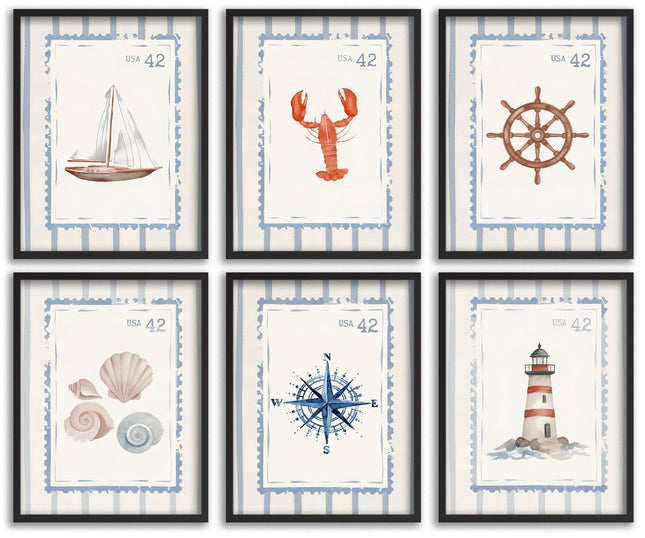 KYSNGMT Coastal Wall Art Nautical Decor Vintage Stamp Prints Set of 6