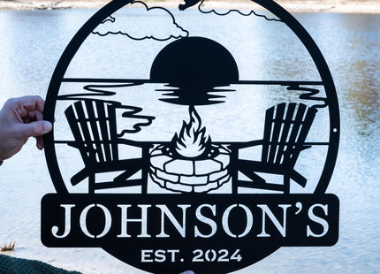Custom Metal Campfire Outdoor Last Name Established Sign | Cabin Decor