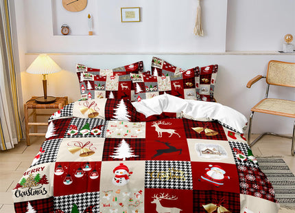 ZIRANSHU Christmas Theme Grid Duvet Cover - King Size, Santa Claus Reindeers Snowflakes Rustic Cabin Christmas Lodge Western Country Holiday Decoration, 3-Piece Comfortable Checkered Bedding Set