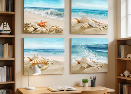 Sandy Beach Starfish Canvas Bathroom Wall Art Framed 4Pcs 12"x12"
