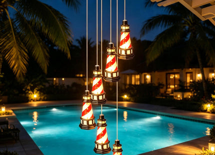 Lighthouse Solar Windchimes Outdoor Lighthouse Decorative Wind Chimes Solar Hanging Lighthouse Outdoor Garden Lighthouse（Red）