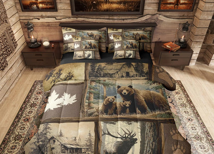 Erosebridal Grizzly Bear Deer Plaid 7 Piece Full Comforter Set, Rustic Farmhouse Cabin Bedding Sets for Kids Boys Men,Country Maple Leaf Bed in a Bag with Sheets,Hunting Wildlife Theme Bed Set
