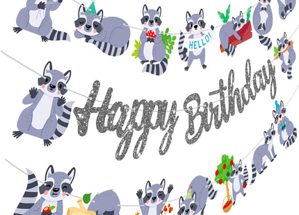 Raccoon Happy Birthday Banners Silver Woodland Party Decoration Themed Cutout for Lover Birthday Woodland Animal Baby Shower Supplies