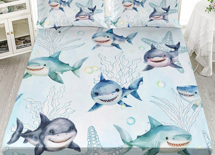 AILONEN Shark Fitted Sheet Set Twin XL Size for Boys Kids - Ocean Blue Starfish Bed Sheet With 2 Pillowcases, 3 Pieces