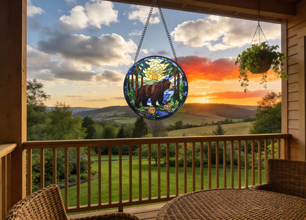 Argodaze Stained Glass Window Hanging - A Black Bear is Walking in The Forest 6.3 Inches Suncatcher for Garden Home Decor for Women Mom Grandma Friends