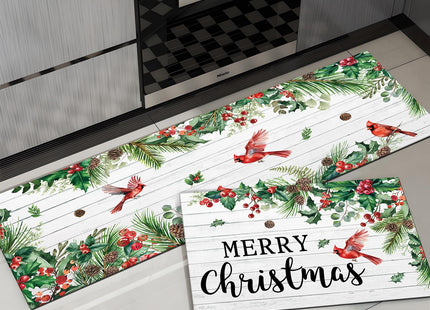 APROPHIC Merry Christmas Kitchen Mat, Cardinal Birds Pinecone Wood Grain Xmas Kitchen Mats for Floor Rug Set of 2, Non Slip with Rubber Backing, Washable Carpet for Hallways, Sink 16x24 + 16x41 in