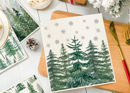 6Pcs Christmas Swedish Dishcloths Watercolor Forest Pine Tree Kitchen Towels Winter Xmas Reusable Cotton Absorbent Dish Towels for Home Party Housewarming Cleaning, 7 x 8 Inch