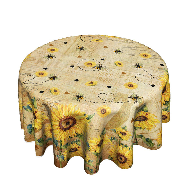 Giwawa Sunflower Bee Round Tablecloth 60inch Yellow Flower Vintage Floral Style Circle Table Cover Wrinkle Free Shabby Chic Cabin Circular Table Cloth Washable for Kitchen Dining Farmhouse Decor