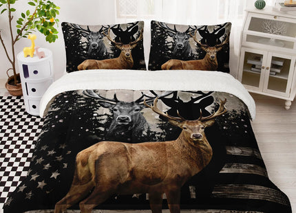 HOSIMA Hunting Camo Deer Bedding Twin Size Fuzzy Comforter Set,American Flag Forest Bedding Sets Hunter Bedroom Decor,Soft and Plush Reversible Micromink and Sherpa Comforter Set with 2 Pillowcases.