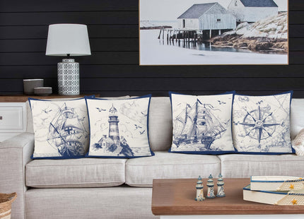 Bonhause Nautical Sailing Throw Pillow Covers 18 x 18 Inch Set of 4 Sailboat Compass Lighthouse Decorative Pillows Case Polyester Linen Cushion Covers for Couch Sofa Bed Home Decor