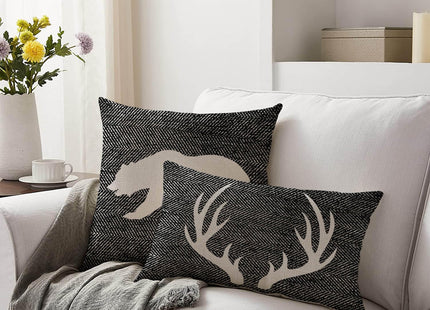 Aowced Throw Pillow Covers Set of 2, Black and White Rustic Deer Bear Farmhouse Home Decorative Throw Pillow Cases Cushion Covers for Sofa Couch Bed, 18x18 Inch