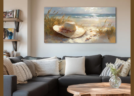 EIDOGRAF Beach Canvas Wall Art, Coastal Art Prints, Straw Hat Beach Pictures Wall Decor, Modern Coastal Landscape Painting for Living Room, Bedroom Decor Poster Framed Artwork Ready to Hang 24x12 Inch