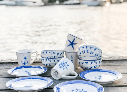 Euro Ceramica Ahoy Collection Nautical 8.7" Ceramic Salad/Dessert Plates, Set of 4, Assorted Designs, Blue & White