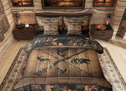 Erosebridal Rustic Farmhouse Bedding Sets 7 Piece Retro Camo Cabin Lodge Comforter Set Twin Hunting and Fishing Bed in A Bag for Boys Adults Men Wildlife Bear Deer Fish Duck Sheet Set with Comforter
