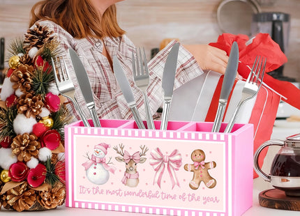 FDHSPAAM Pink Christmas Kitchen Utensil Holder, Coquette Bow Snowman Reindeer Gingerbread Cooking Utensil Holder Wooden Storage Organizer Box for Kitchen Counter, Girly Christmas Decor