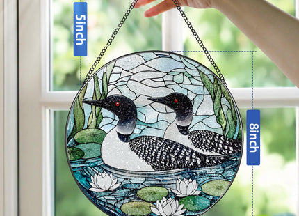 8-Inch Loon Birds Stained Glass Suncatcher Ornament, Stained Glass Window Hanging, Window Hanging Decor – Christmas, Birthday | Gifts for Bird Lover, Friend, Couples, Family | Holiday Decorations