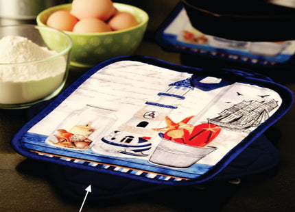 Lobyn Value Packs Nautical Lighthouse 5 Piece Kitchen Towel Set with 2 Decorative Dish Towels (25 X15), 1 Oven Mitt (11 X 7) and 2 Potholders (6.5 X 6.5) Coastal Blue Kitchen Accessories