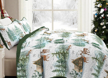 Dobuyly Christmas Quilt Set Queen Size, Forest Green Pine Cabin Bedspreads