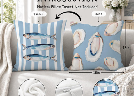 HIWX Blue Coastal Beach Sardine Fish Oyster Pillow Covers 18x18, Coastal Beach Room Decor, Beachy Marine Biology Decorative Pillow Covers for Couch Bed Home Bedroom Living Room Decor 1 Pack
