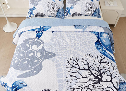 EVENHUG Coastal Quilt Set King Size Reversible Summer Ocean Beach Themed Bedding with Pillow Shams Lightweight Blue Nautical Coral Seahorse Bedspread Coverlet for All Season 3 Piece (106''x96'')